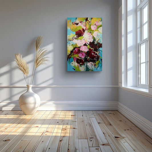 Flower painting with blue background on a white wall