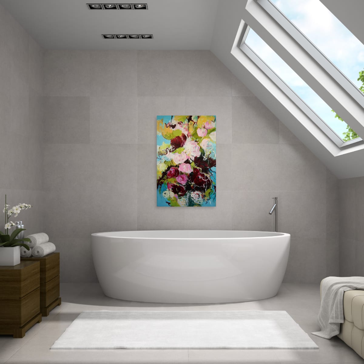 floral painting with white bathtub