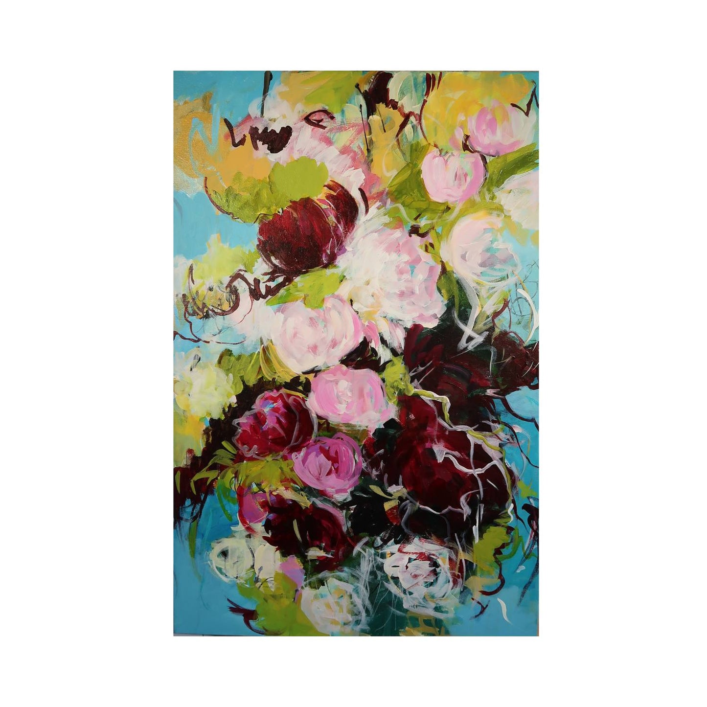 Abstract flower painting in blue, yellow, burgundy