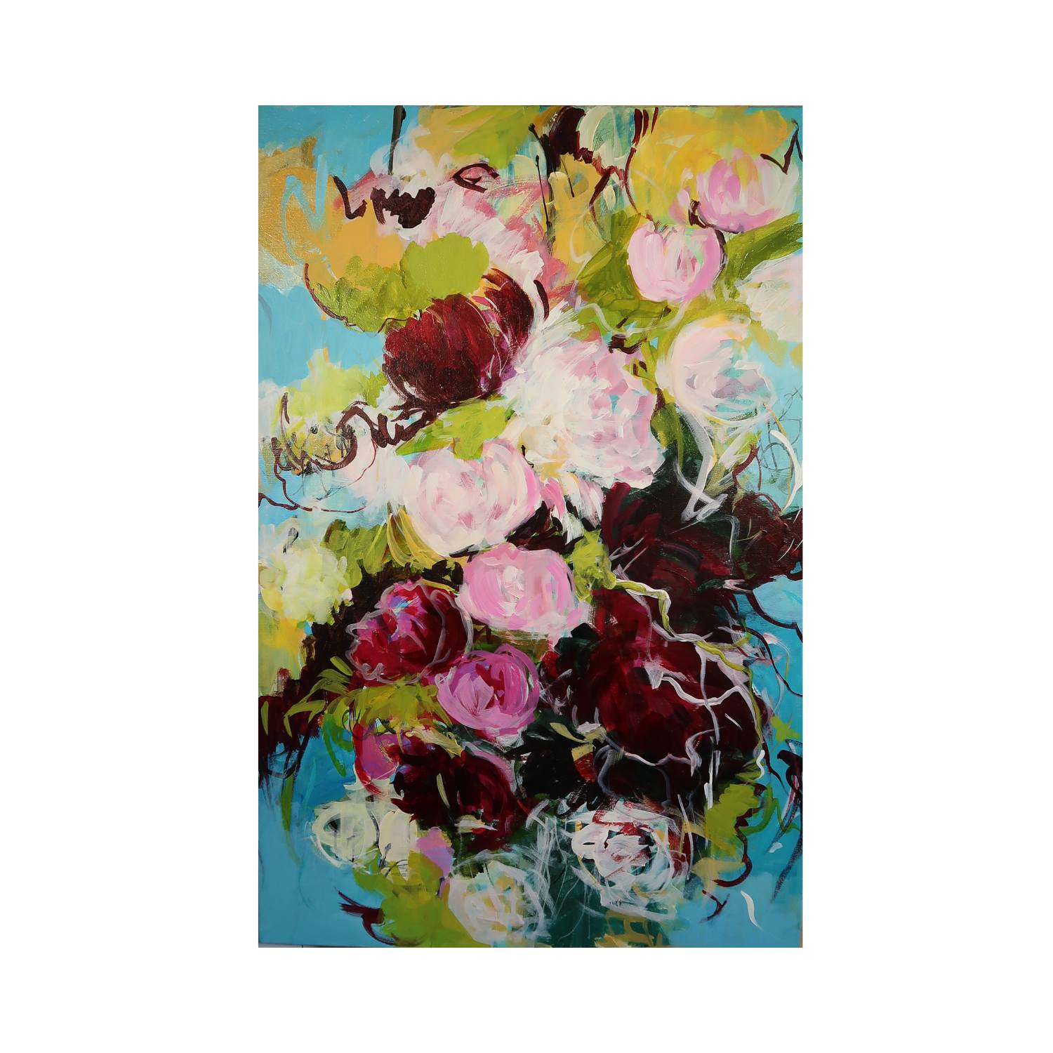 Abstract flower painting in blue, yellow, burgundy